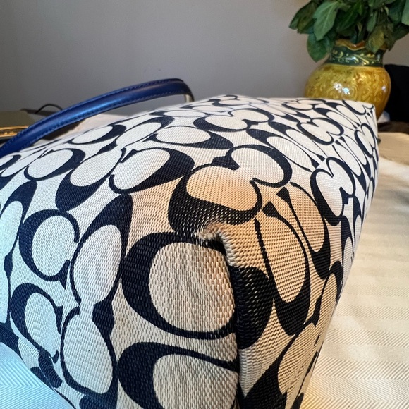 COACH Navy Blue and Khaki Signature C City Canvas and Leather Zipper Tote Bag - Picture 6 of 12